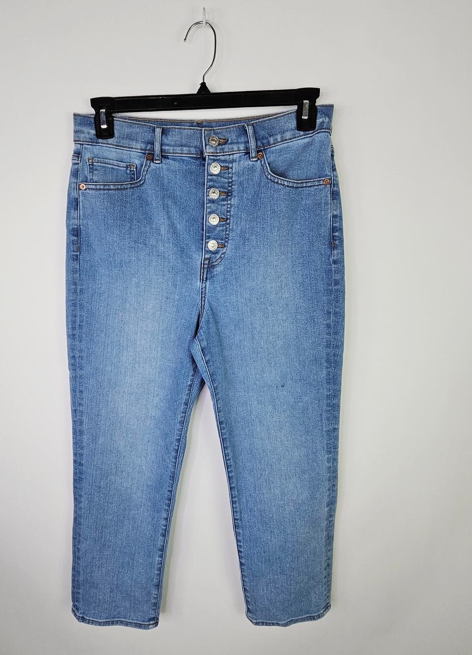 Express Women’s Slim Super High Rise Crop Jeans Size 10S Button Fly Medium Wash